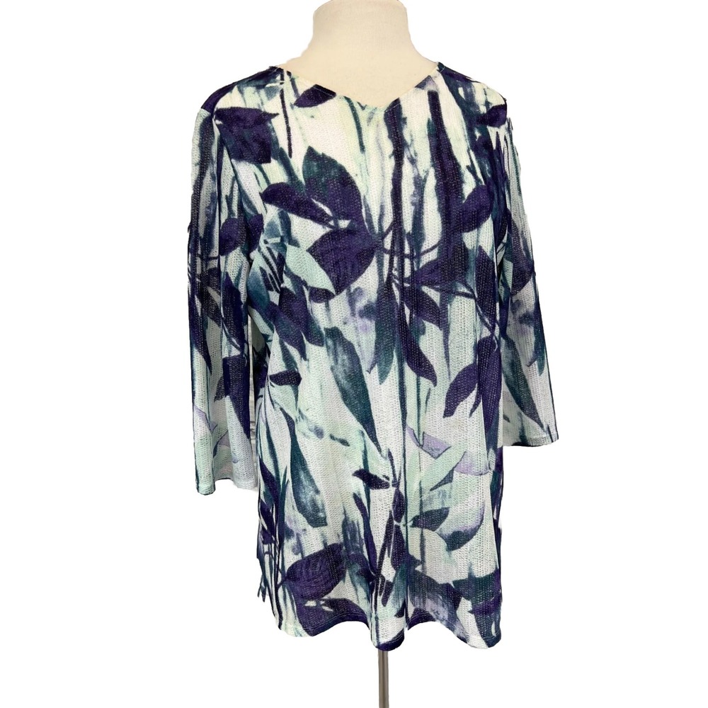 Easy Wear by Chico's SZ 2 V-Neck Pullover Top Purple Teal Green Leaf 3/4 Sleeve